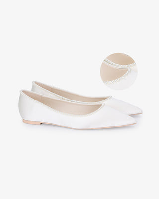 Satin Pointy Toe Wedding Flats with Mini Pearls, Women Shoes