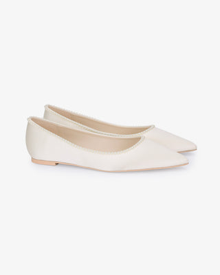 Ivory Satin Pointy Toe Wedding Flats with Mini Pearls