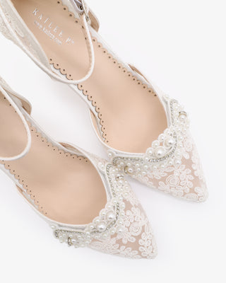 White Lace Block Heel with Small Pearls Applique