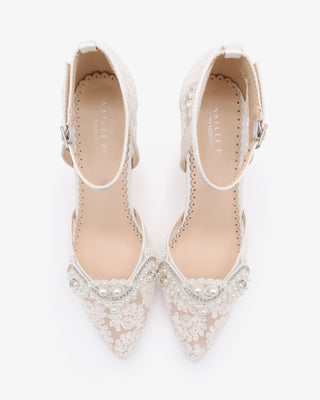White Lace Block Heel with Small Pearls Applique