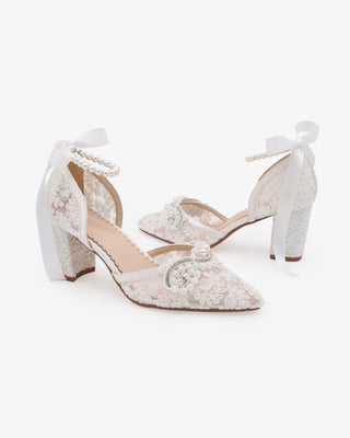 White Lace Block Heel with Small Pearls Applique