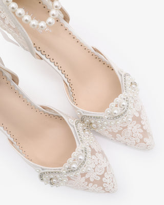 White Lace Block Heel with Small Pearls Applique