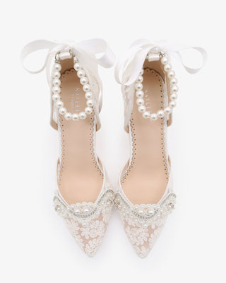 White Lace Block Heel with Small Pearls Applique