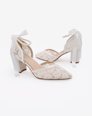 White Bridal Lace Block Heel with All Pearls Ankle Strap