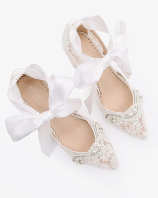 White Lace Wedding Block Heel with Small Pearls Applique and Ankle Tie