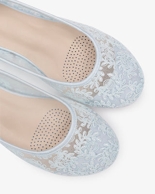 Light Blue Crochet Lace Round Toe Wedding Flats with Back Dainty Bow