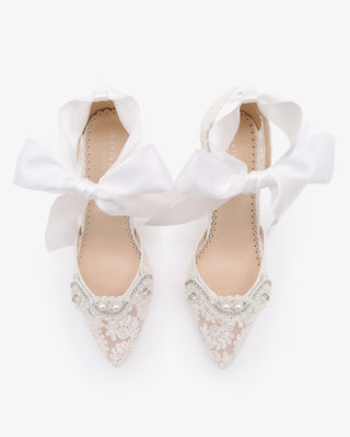 White Lace Wedding Block Heel with Small Pearls Applique and Ankle Tie