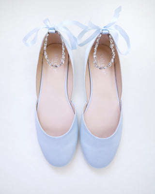 Satin Round Toe Wedding Flat with Amaryllis Strap