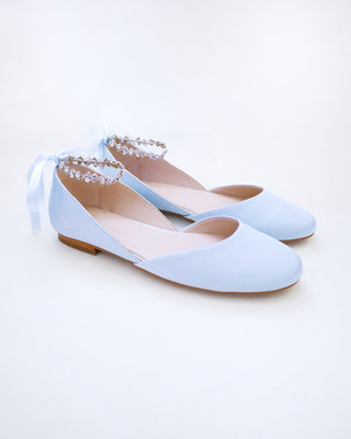 Satin Round Toe Wedding Flat with Amaryllis Strap