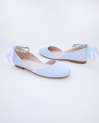 Satin Round Toe Wedding Flat with Amaryllis Strap