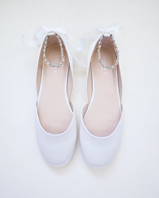 Satin Round Toe Wedding Flat with Amaryllis Strap