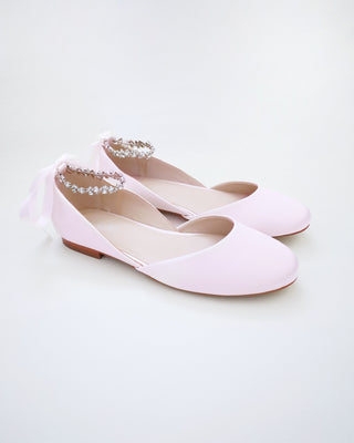 Satin Round Toe Evening Flat with Amaryllis Strap