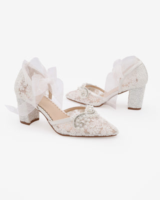 White Lace Wedding Block Heel with Small Pearls Applique and Ankle Tie
