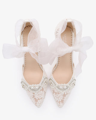 White Lace Wedding Block Heel with Small Pearls Applique and Ankle Tie