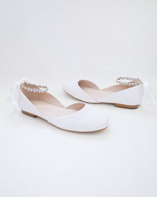 Satin Round Toe Wedding Flat with Amaryllis Strap
