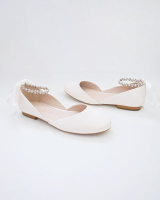 Satin Round Toe Wedding Flat with Amaryllis Strap