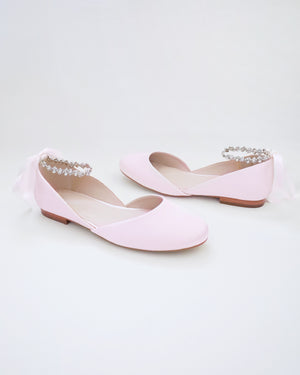 Satin Round Toe Evening Flat with Amaryllis Strap