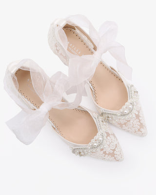 White Lace Wedding Block Heel with Small Pearls Applique and Ankle Tie
