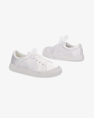 White Satin Wedding Platform Sneakers with Sheer Organza Lace Bow