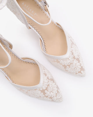 White Lace Block Heel For Weddings with Back Crochet Bow