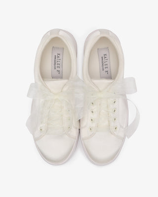 Ivory Satin Wedding Platform Sneakers with Sheer Organza  Lace Bow, Bridal Shoes