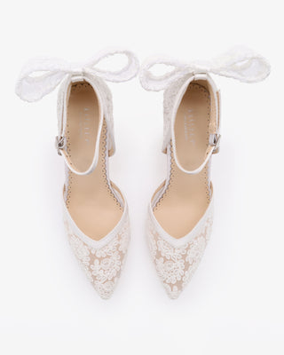 White Lace Block Heel For Weddings with Back Crochet Bow