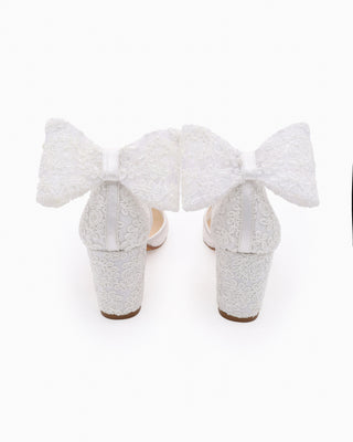 White Lace Block Heel For Weddings with Back Crochet Bow