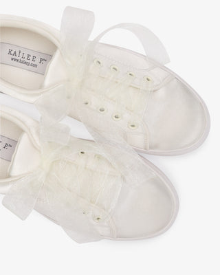 Ivory Satin Wedding Platform Sneakers with Sheer Organza  Lace Bow, Bridal Shoes