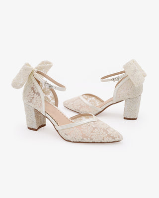 Ivory Lace Block Heel For Weddings with Back Crochet Bow