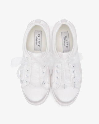 White Satin Wedding Platform Sneakers with Sheer Organza Lace Bow