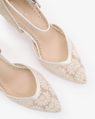 Ivory Lace Block Heel For Weddings with Back Crochet Bow