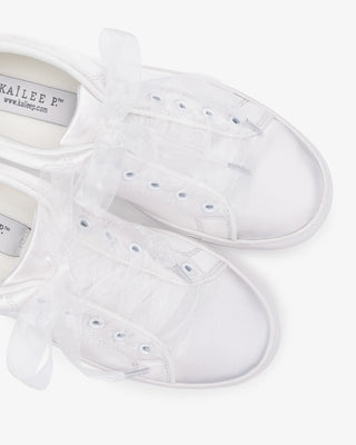 White Satin Wedding Platform Sneakers with Sheer Organza Lace Bow