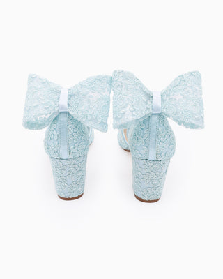 Light Blue Lace Block Heel For Weddings with Back Crochet Bow