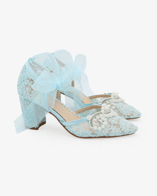 Light Blue Lace Wedding Block Heel with Small Pearls Applique and Ankle Tie
