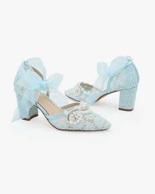 Light Blue Lace Wedding Block Heel with Small Pearls Applique and Ankle Tie