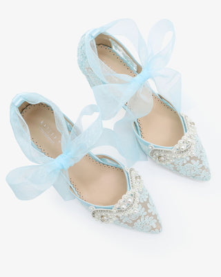 Light Blue Lace Wedding Block Heel with Small Pearls Applique and Ankle Tie