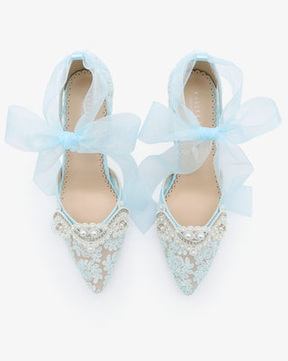 Light Blue Lace Wedding Block Heel with Small Pearls Applique and Ankle Tie
