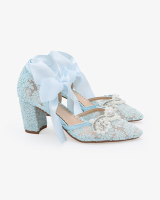 Light Blue Lace Wedding Block Heel with Small Pearls Applique and Ankle Tie