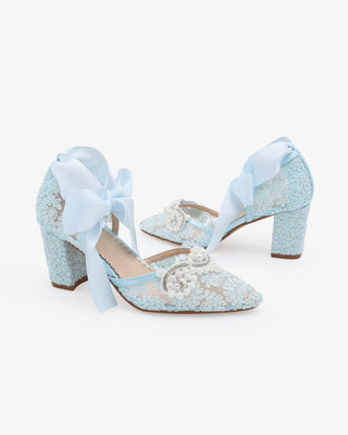 Light Blue Lace Wedding Block Heel with Small Pearls Applique and Ankle Tie
