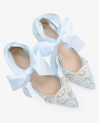 Light Blue Lace Wedding Block Heel with Small Pearls Applique and Ankle Tie
