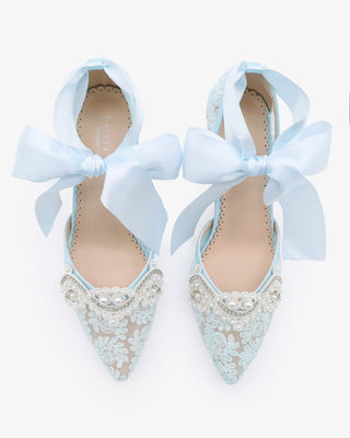 Light Blue Lace Wedding Block Heel with Small Pearls Applique and Ankle Tie