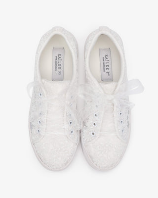 White Crochet Lace Wedding Platform Sneakers with Sheer Organza Laces