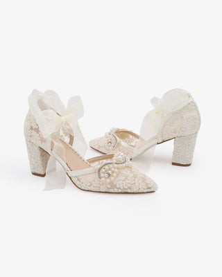 Ivory Lace Wedding Block Heel with Small Pearls Applique and Ankle Tie