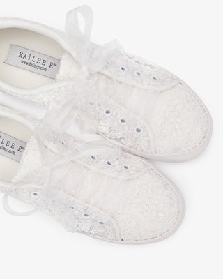 White Crochet Lace Wedding Platform Sneakers with Sheer Organza Laces