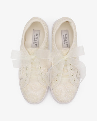 Ivory Crochet Lace Wedding Platform Sneakers with Sheer Organza Laces