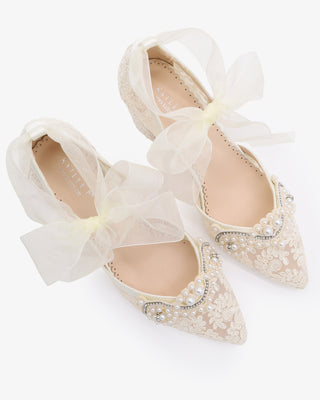 Ivory Lace Wedding Block Heel with Small Pearls Applique and Ankle Tie