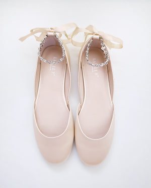 Satin Round Toe Evening Flat with Amaryllis Strap