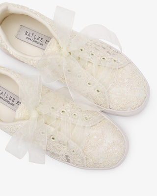 Ivory Crochet Lace Wedding Platform Sneakers with Sheer Organza Laces