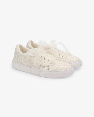 Ivory Crochet Lace Wedding Platform Sneakers with Sheer Organza Laces