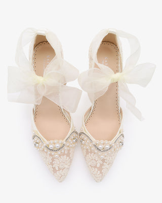 Ivory Lace Wedding Block Heel with Small Pearls Applique and Ankle Tie
